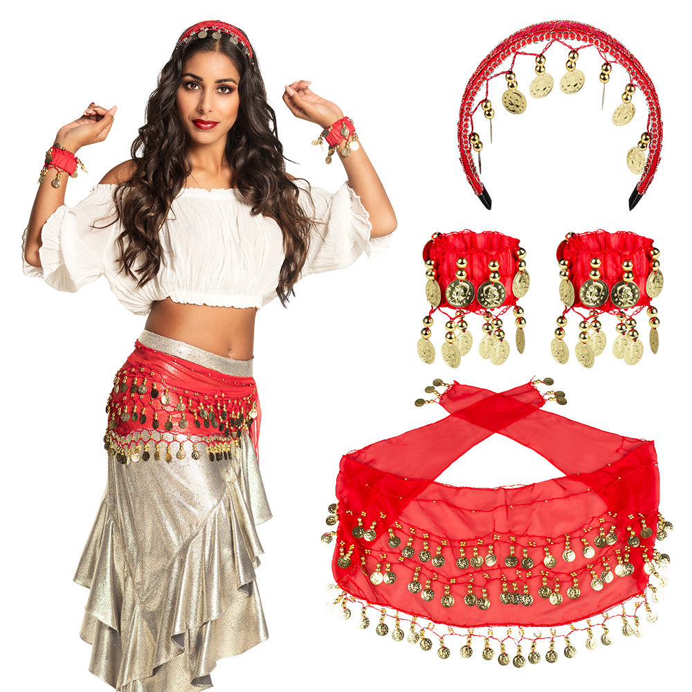 Belly Dance Set red – 4-piece with hair scarf, 2 bracelets, belt for belly dancing 1