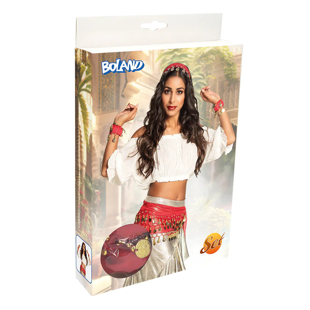 Belly Dance Set red – 4-piece with hair scarf, 2 bracelets, belt for belly dancing 6