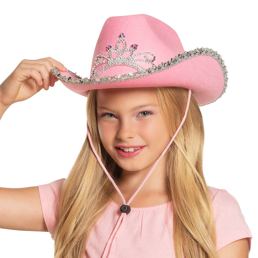 Cowboyhut Glimmer – pinker Kinder Westernhut mit Krone & Glitzerband