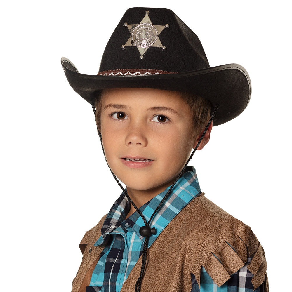 Cowboyhut Sheriff – schwarzer Kinder Westernhut mit Stern & Kordel