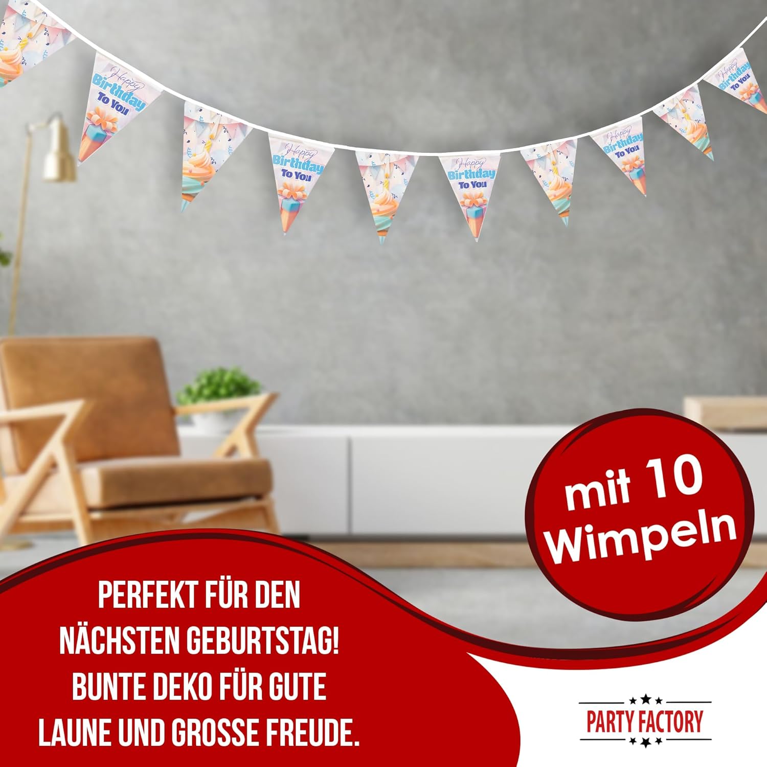 Happy Birthday pennant banner 4-5 m – pastel-colored decoration for birthday parties 2