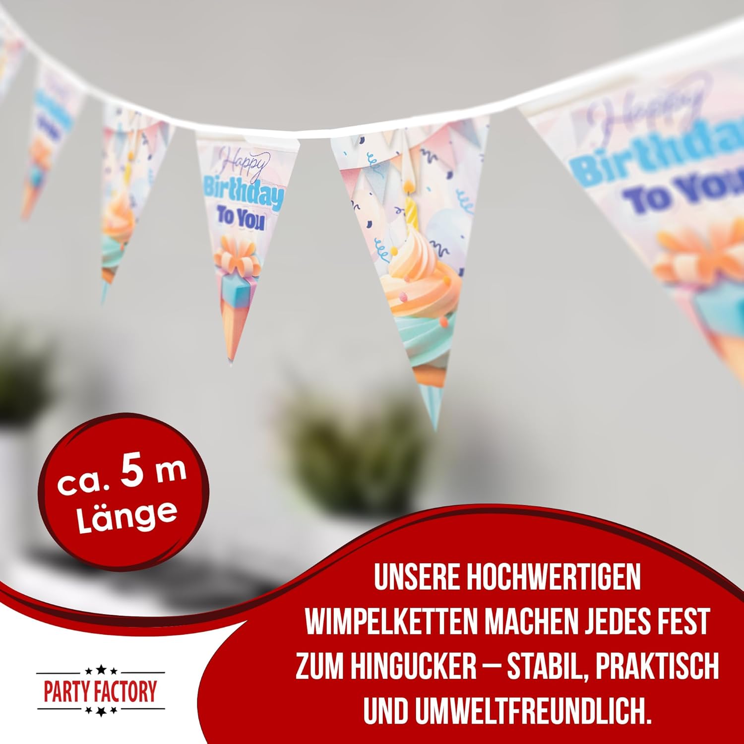 Happy Birthday pennant banner 4-5 m – pastel-colored decoration for birthday parties 3