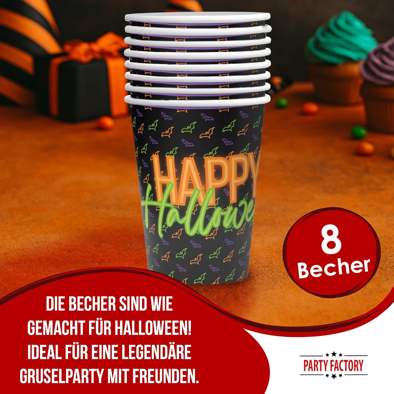 Halloween Neon Cups – Pack of 8, 250 ml, Glowing Party Decoration for Halloween 2
