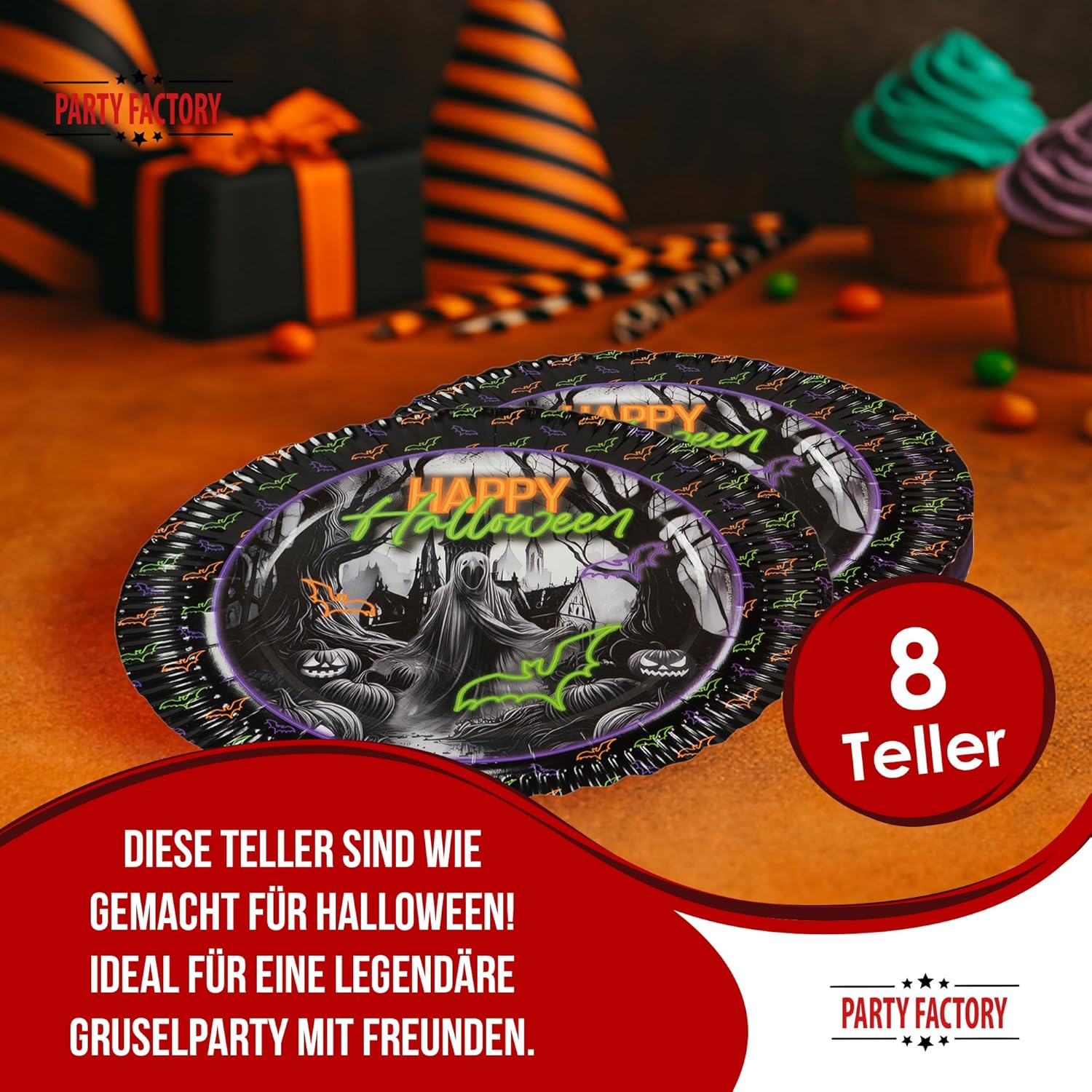 Halloween Neon Plates – Pack of 8, Ø 23 cm, colorful decoration for spooky and children's parties 3