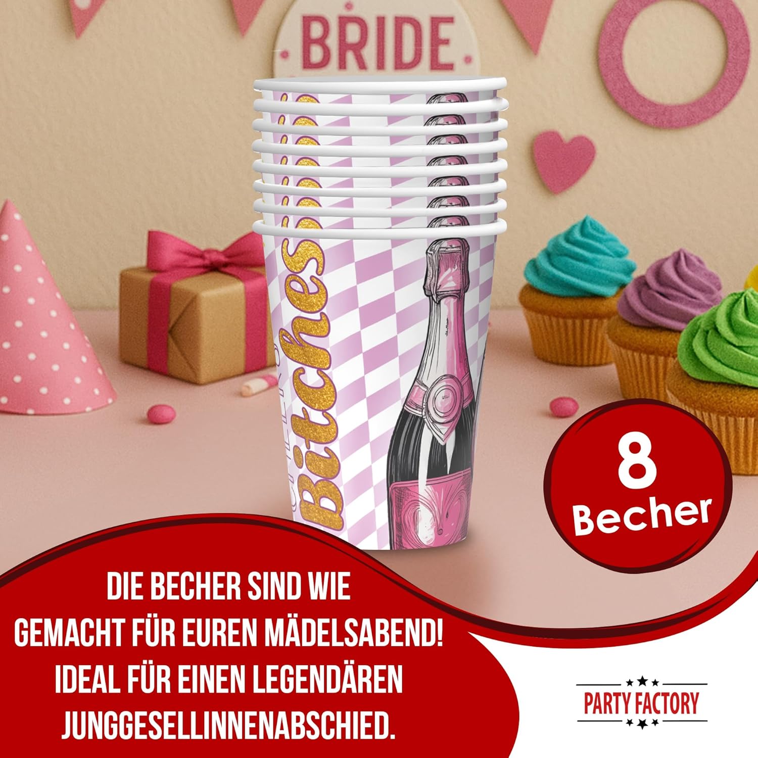 Bachelorette Becher Bling Bling 8er-Pack 250 ml stylische Deko für JGA 2
