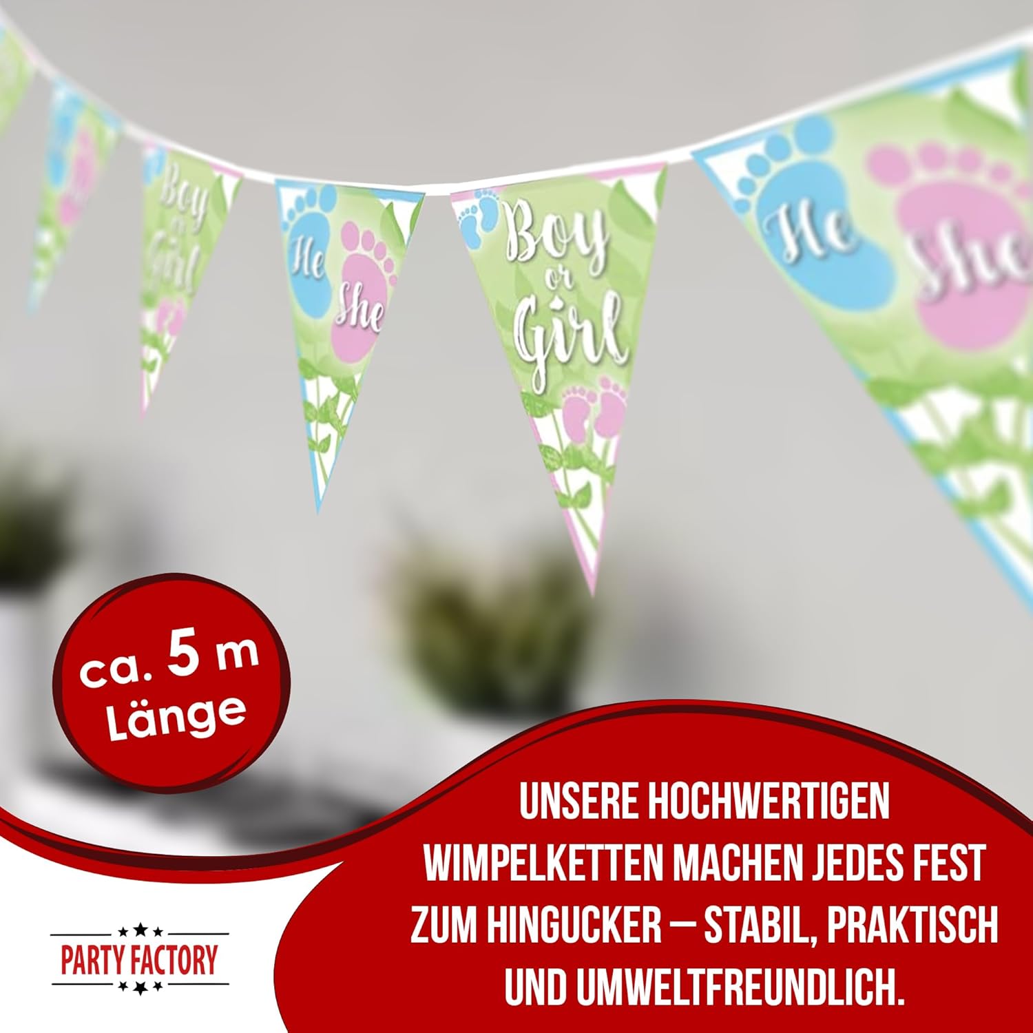 Gender Reveal Bunting Green 4-5 m – Neutral Decoration for Baby Shower &amp; Reveal 3