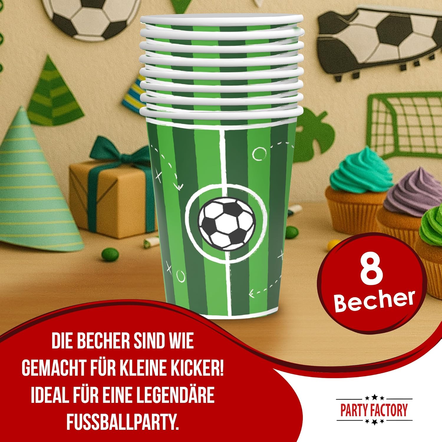 Becher Fußball Goal – 8er-Pack, 250 ml, Partybecher für Fußballgeburtstag