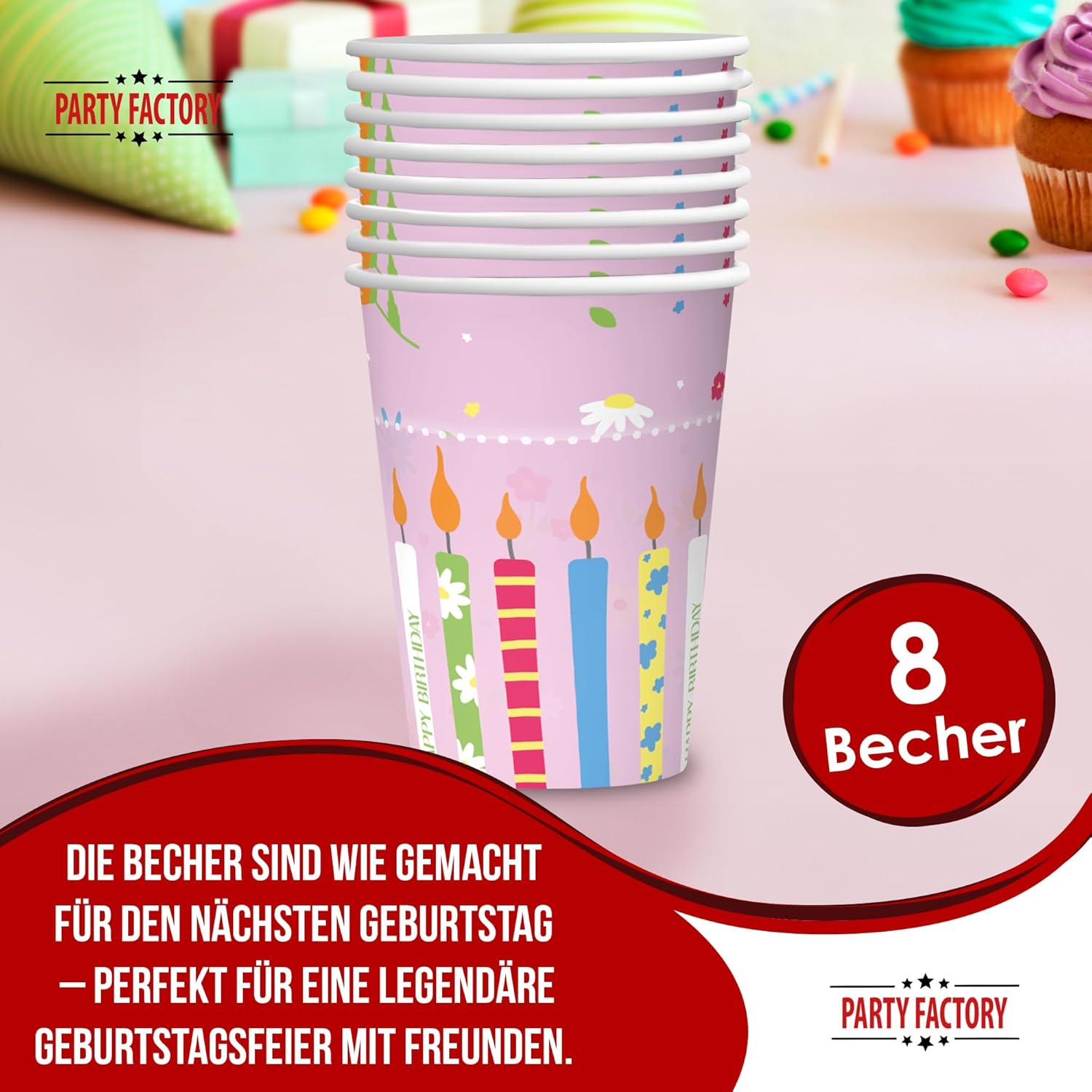 Becher Happy Birthday Becher rosa 8er-Pack 250  ml 9