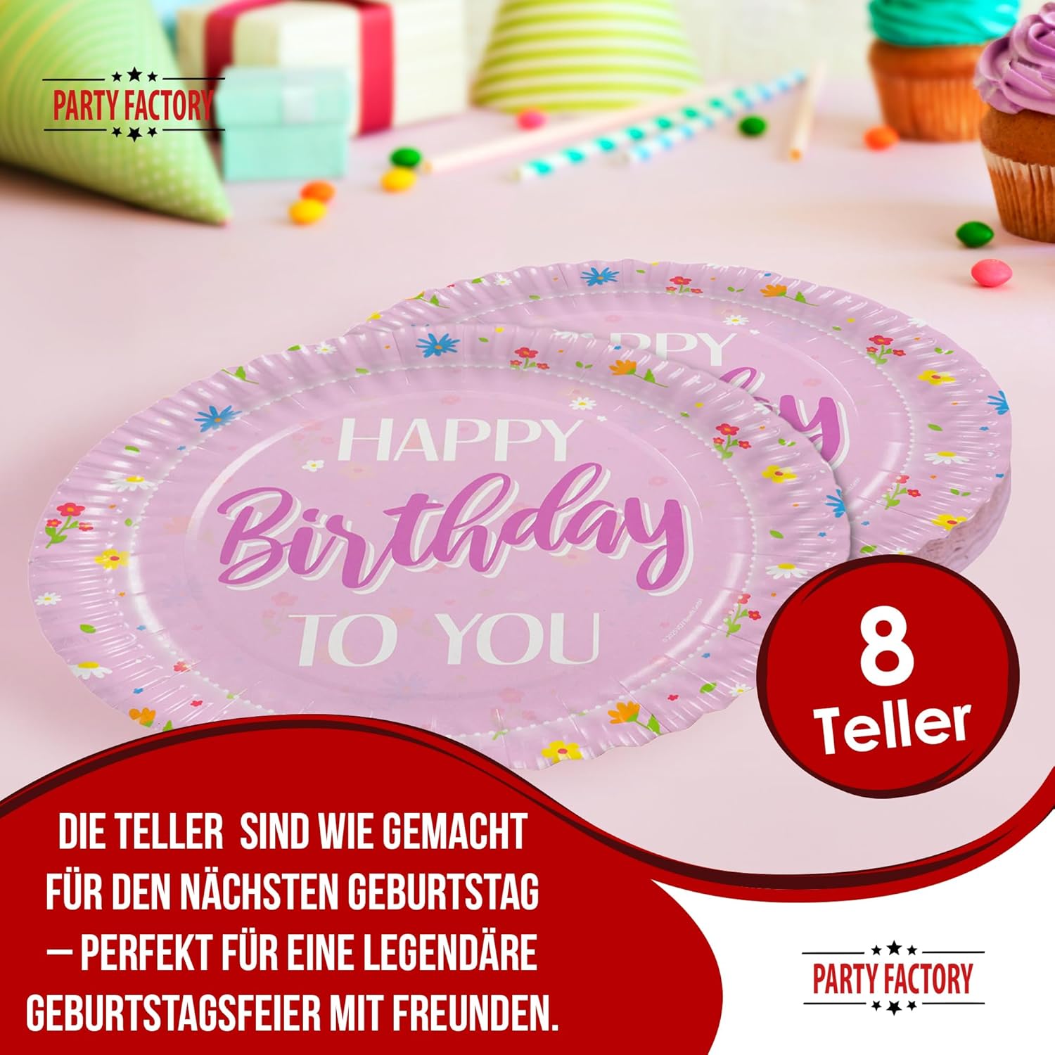 Happy Birthday Rosa Teller 8er-Pack Ø 23 cm zarte Deko für den Geburtstag 2