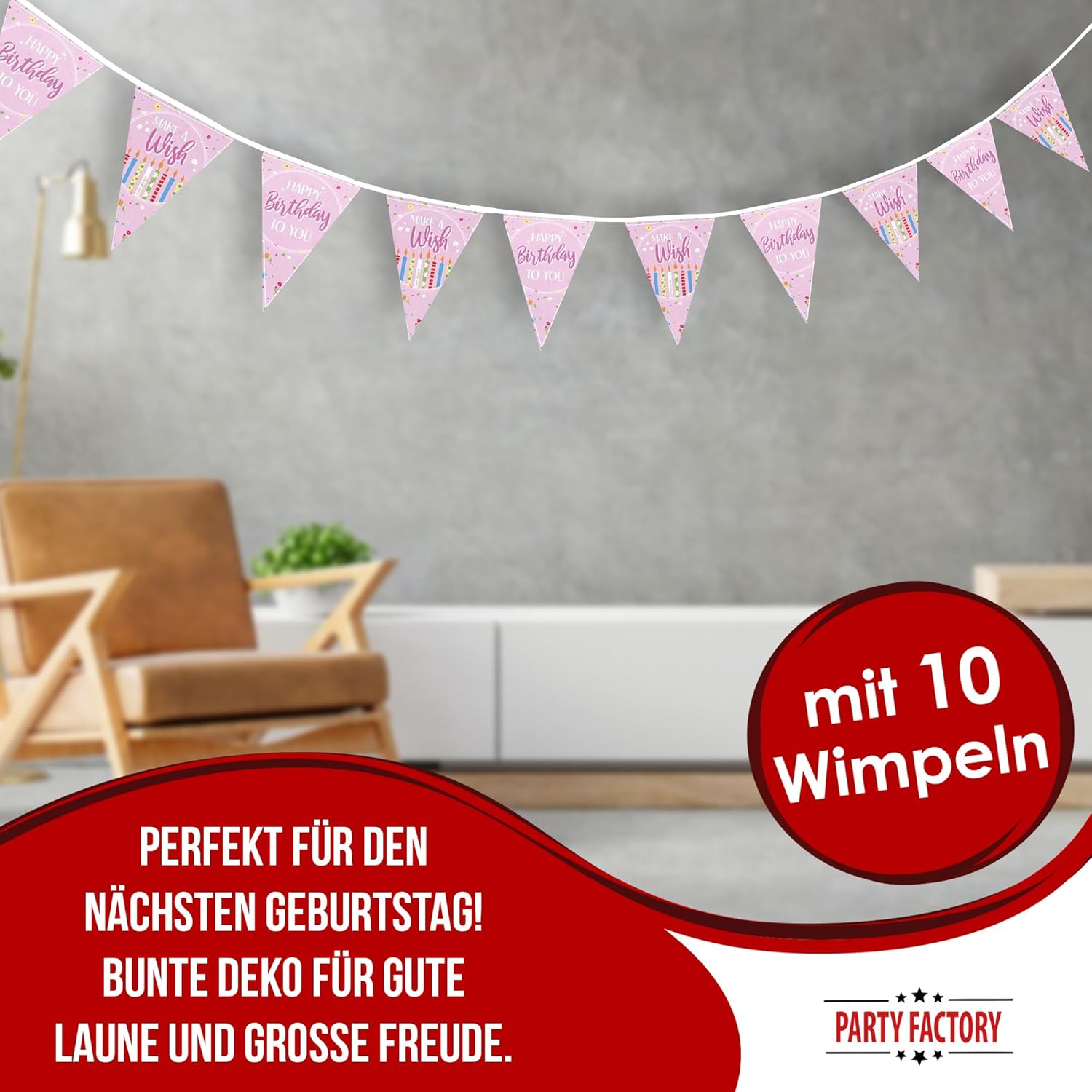 Happy Birthday Wimpelkette 4-5 m rosa 9