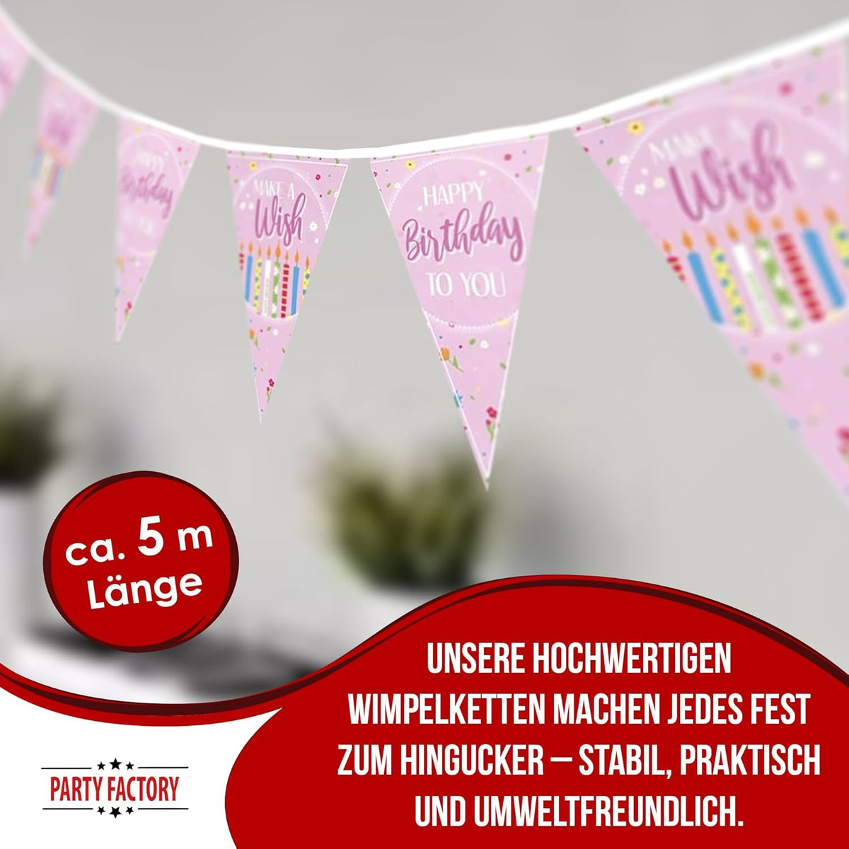 Happy Birthday Wimpelkette 4-5 m rosa 10