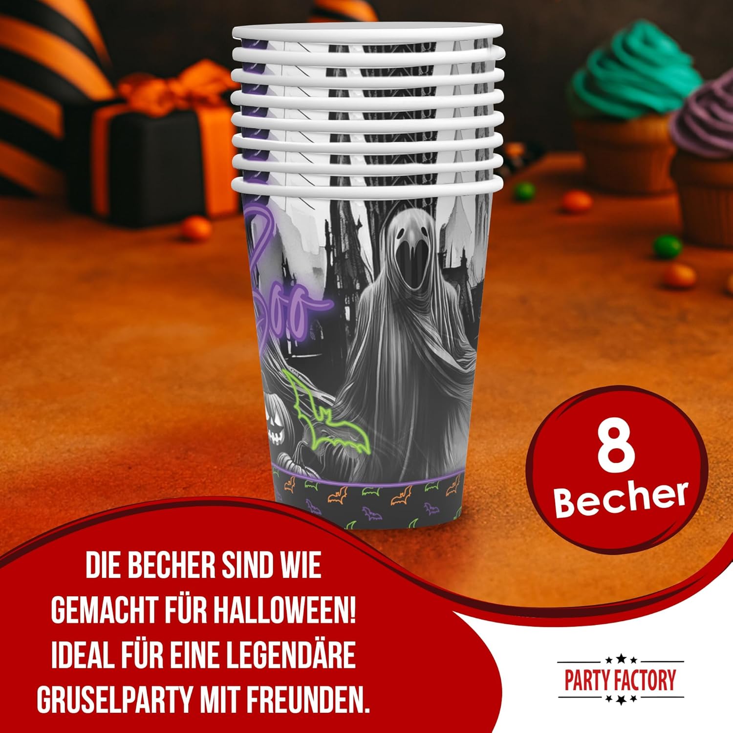 Halloween Neon Becher Motiv 2 – 8er-Pack, 250 ml, mit Geist- und Kürbismotiv 2