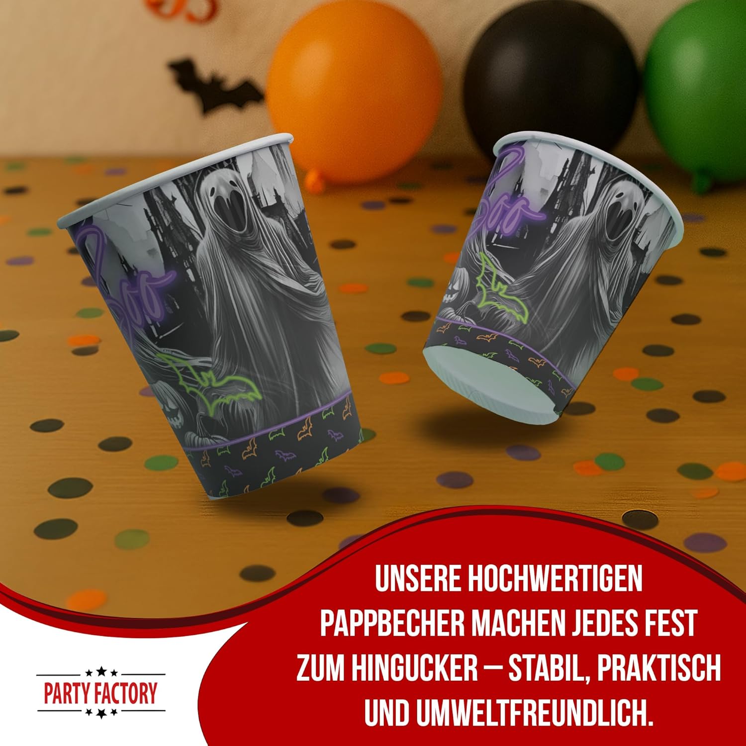 Halloween Neon Becher Motiv 2 – 8er-Pack, 250 ml, mit Geist- und Kürbismotiv 3
