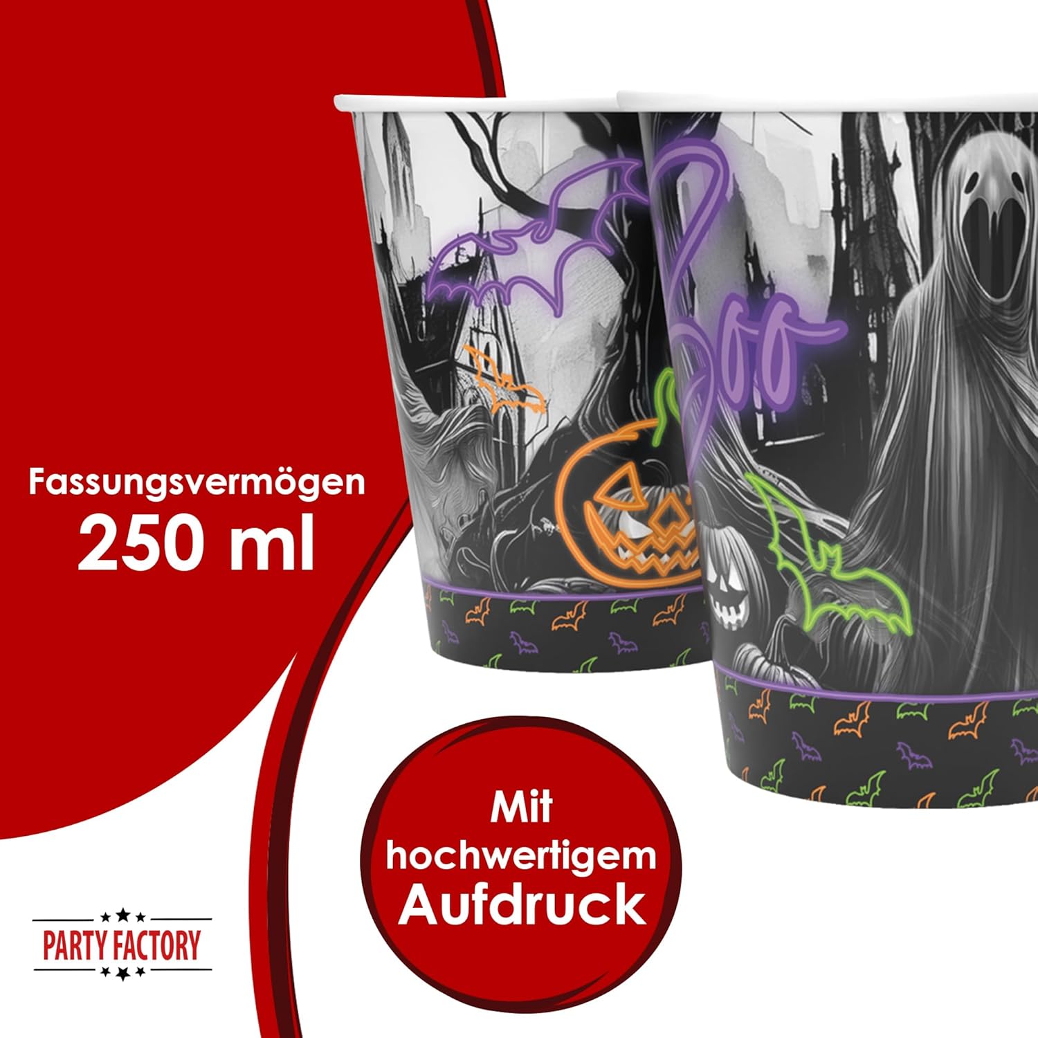 Halloween Neon Becher Motiv 2 – 8er-Pack, 250 ml, mit Geist- und Kürbismotiv 4