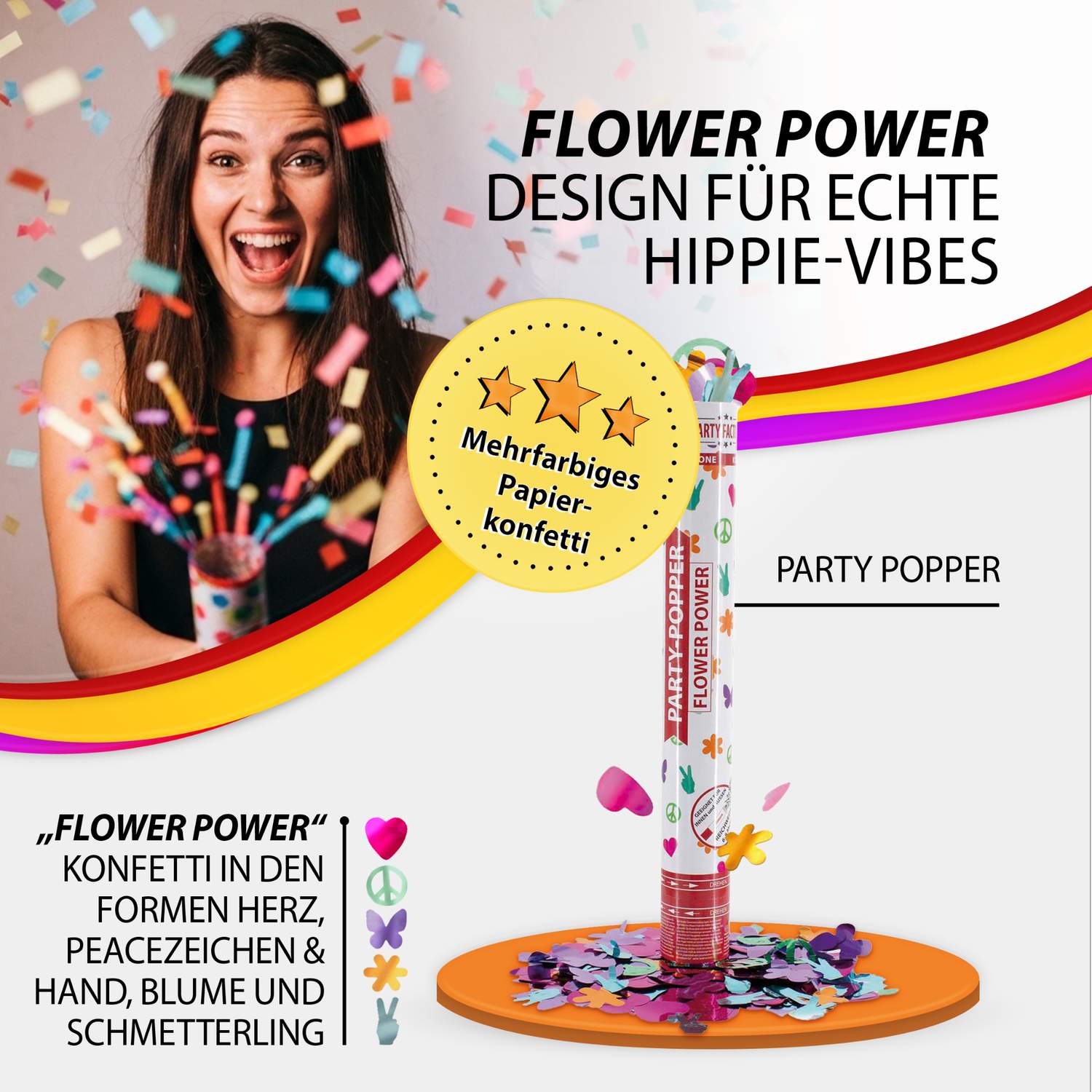 Party Popper 40 cm Flower Power – Colorful Confetti Shooter for Hippie Parties &amp; Celebrations 3