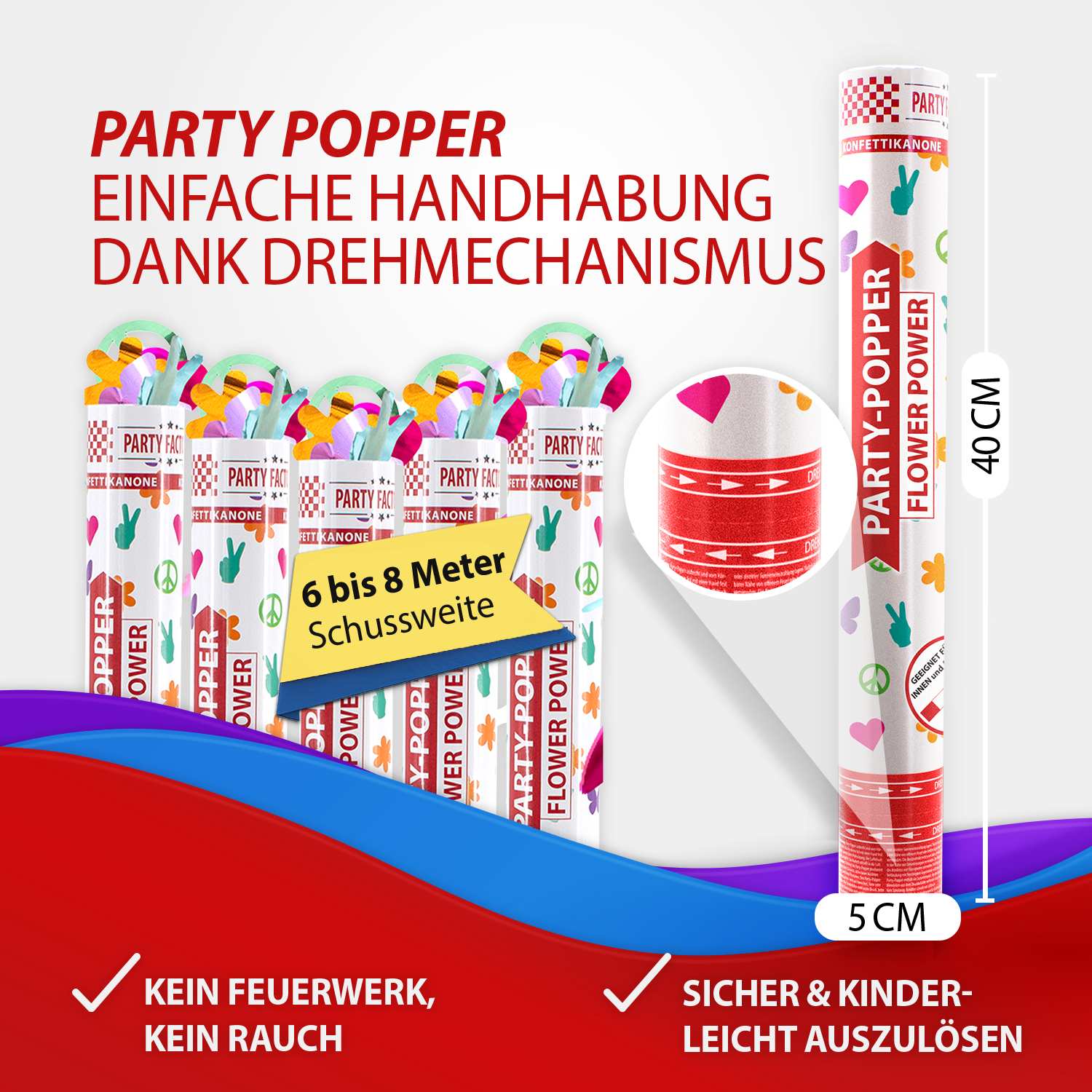 Party Popper 40 cm Flower Power – Colorful Confetti Shooter for Hippie Parties &amp; Celebrations 4