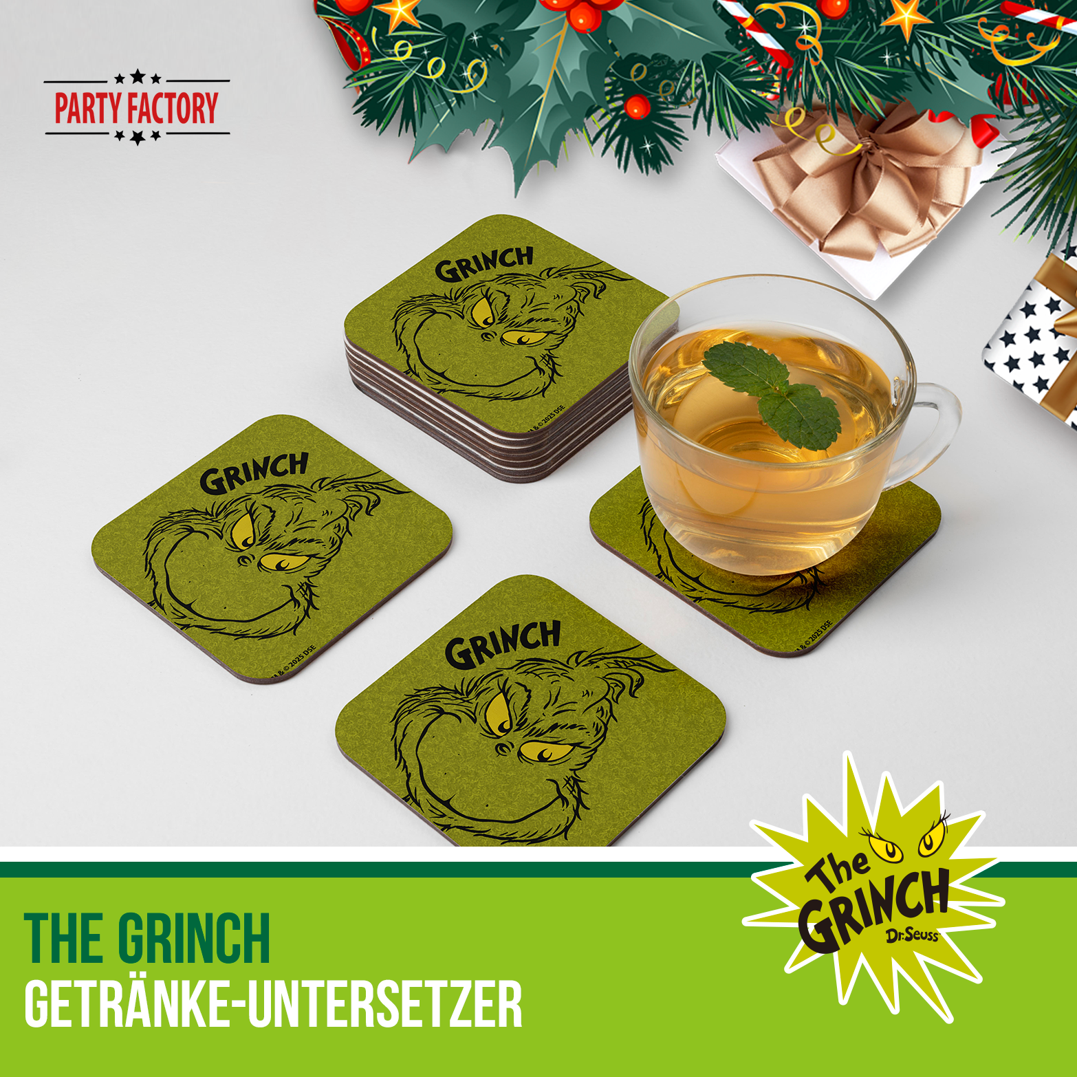 The Grinch Drink Coasters Set of 4 Green - Christmas Table Decoration 12