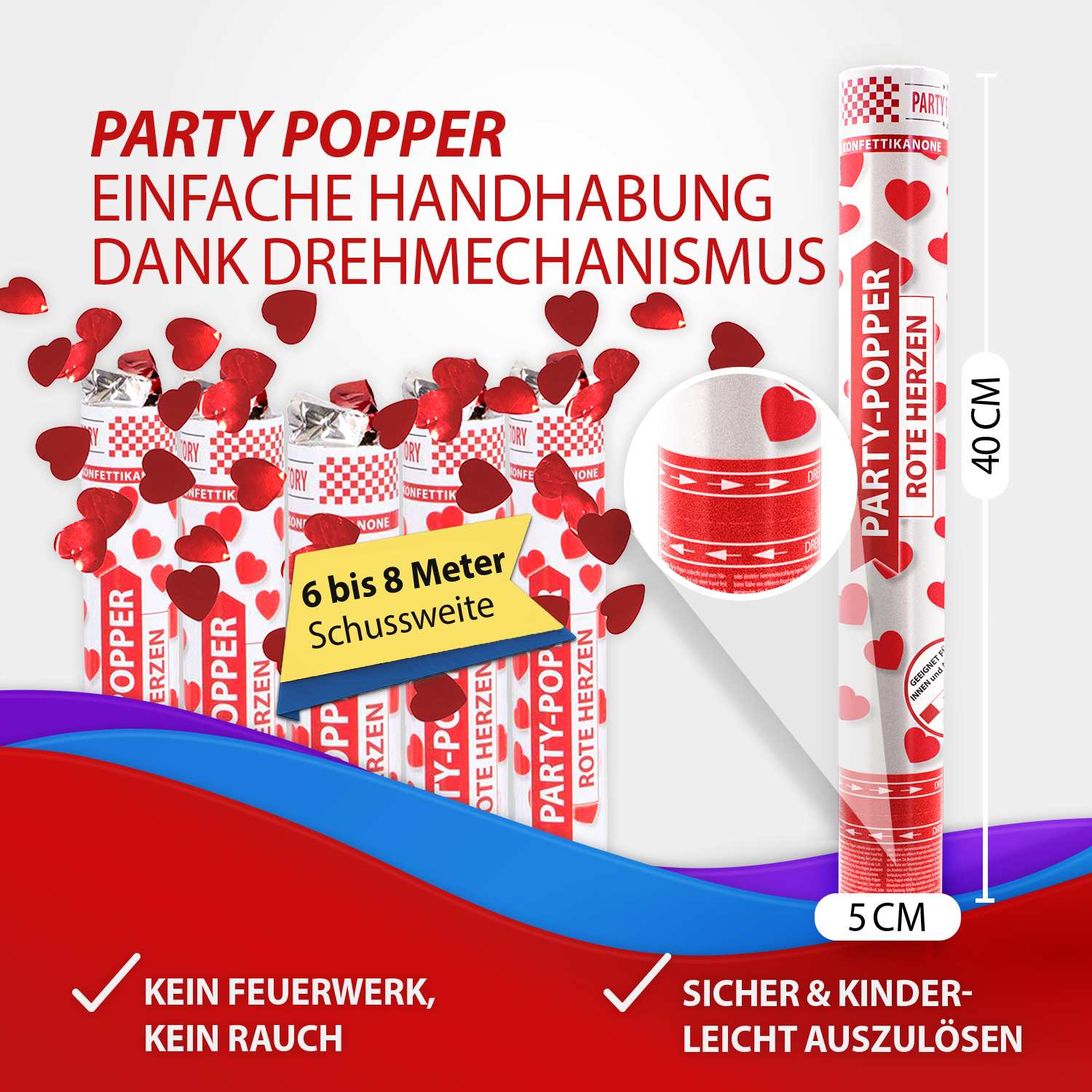 Party Popper 40cm Red Hearts 4