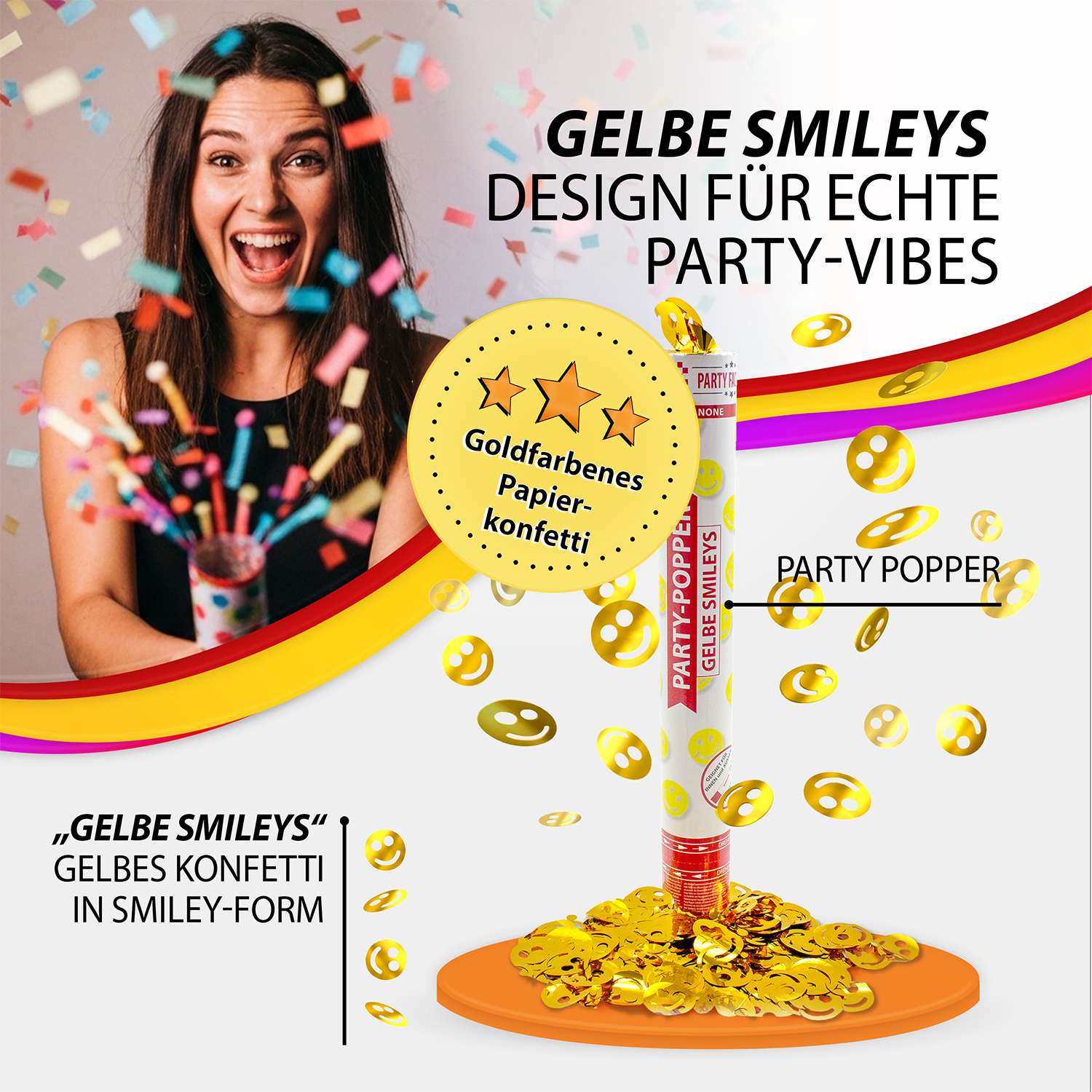 Party Poppers 40 cm Yellow Smileys 3