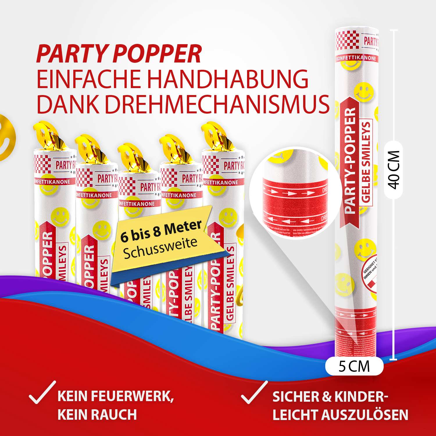 Party Poppers 40 cm Yellow Smileys 4
