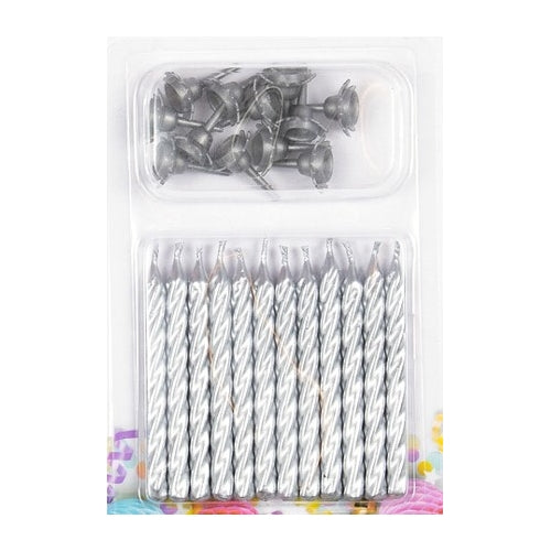 Kuchen-Kerzen silber 12 Stk. mit Halter 2