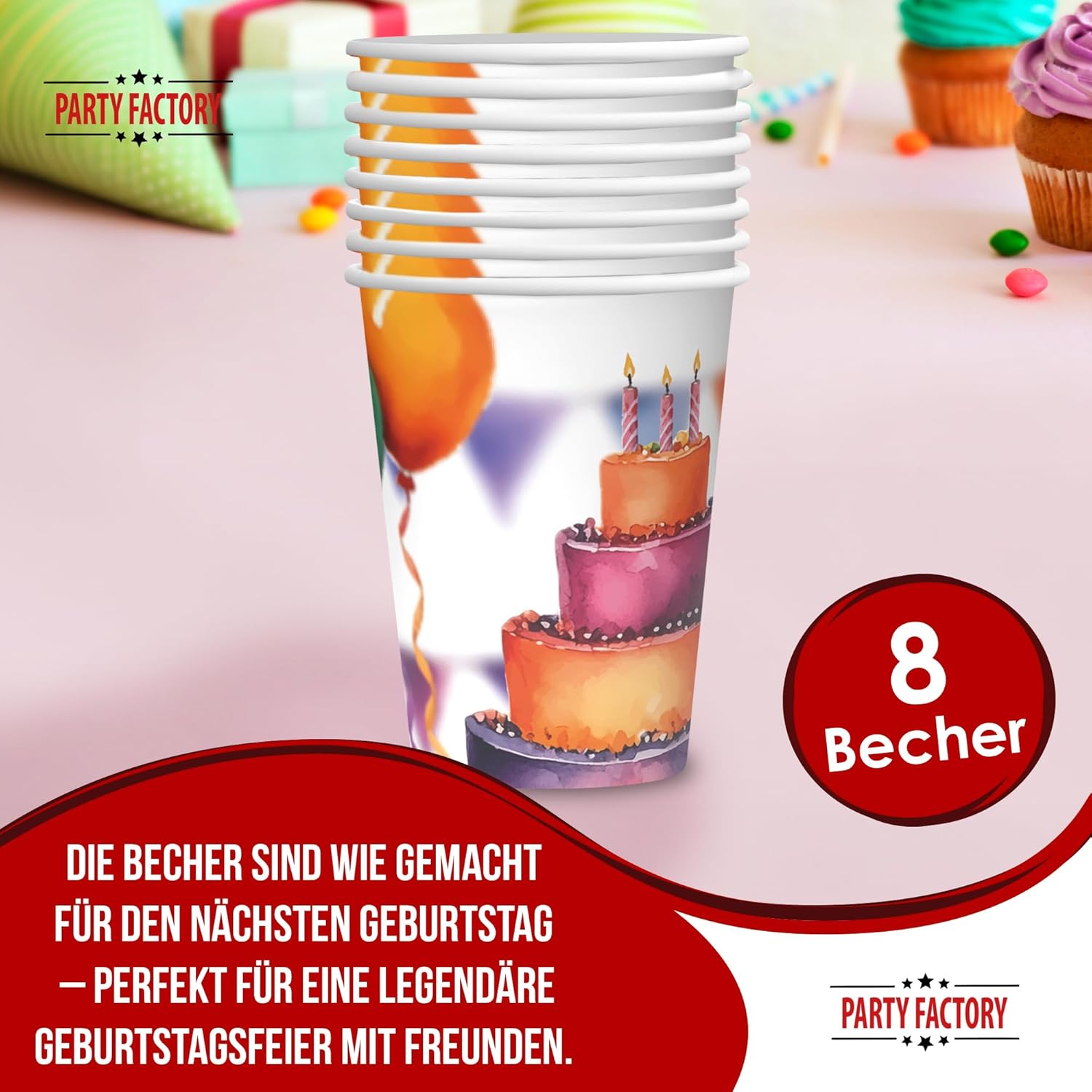 Happy Birthday Watercolor Cups – Pack of 8, 250 ml, colorful party cups 2