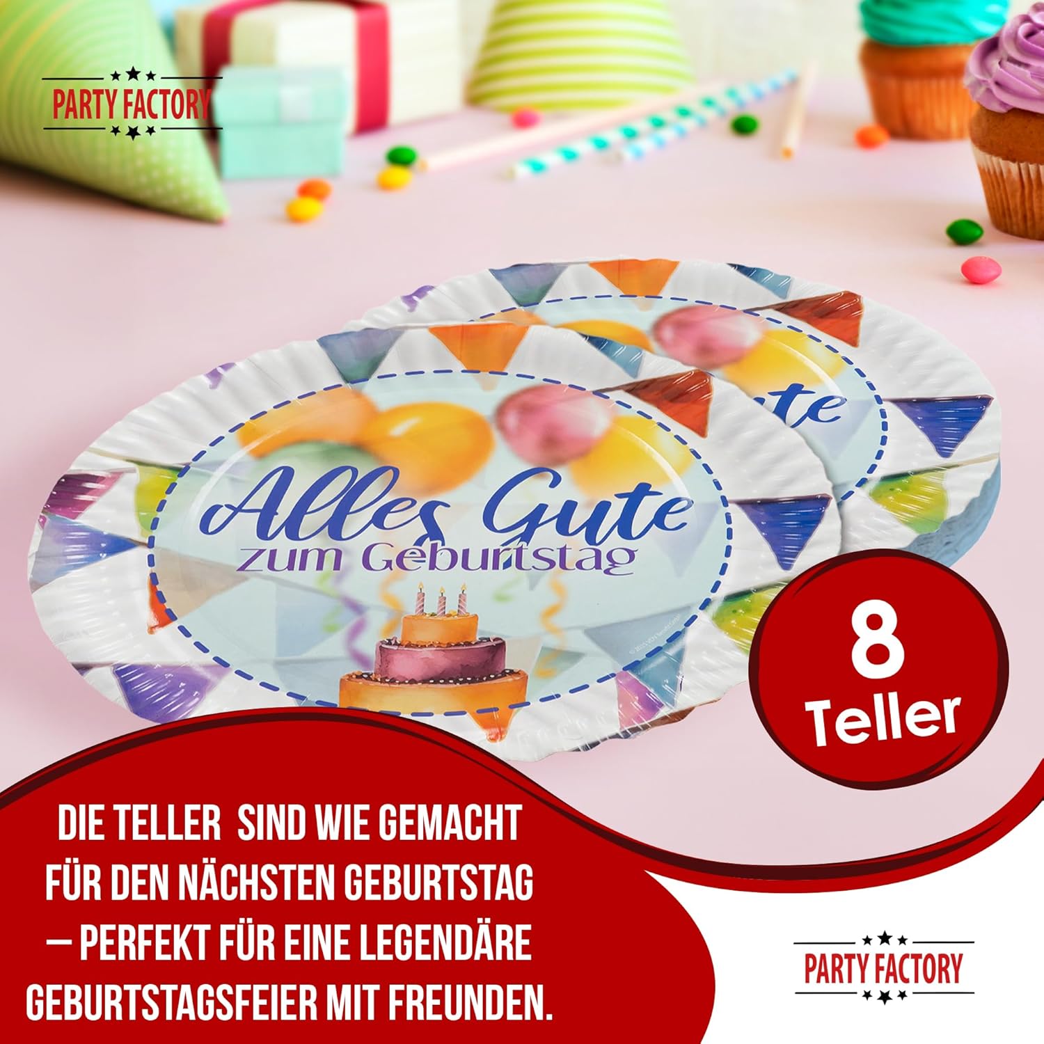 Happy Birthday Watercolor Plates – Pack of 8, Ø 23 cm, colorful party decorations 2
