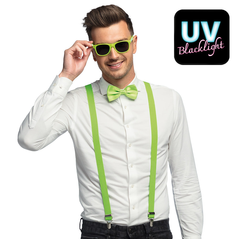 Classic set, color selection, party glasses, bow tie and suspenders, UV neon green or black 5