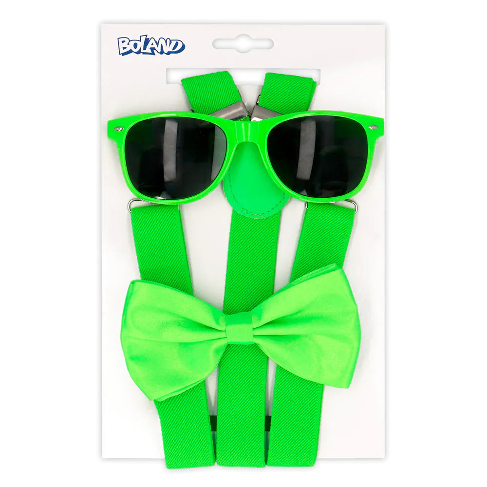 Classic set, color selection, party glasses, bow tie and suspenders, UV neon green or black 3