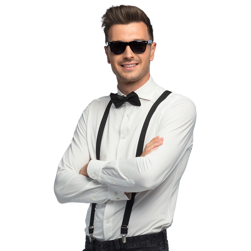 Classic set, color selection, party glasses, bow tie and suspenders, UV neon green or black 2