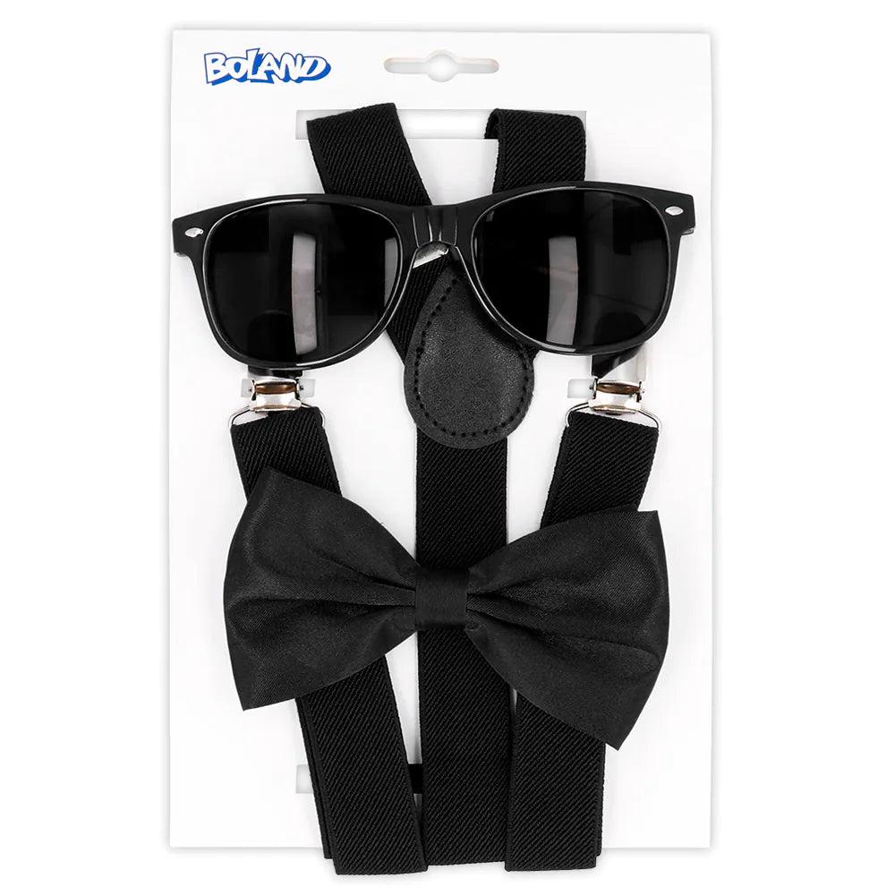 Classic set, color selection, party glasses, bow tie and suspenders, UV neon green or black 4