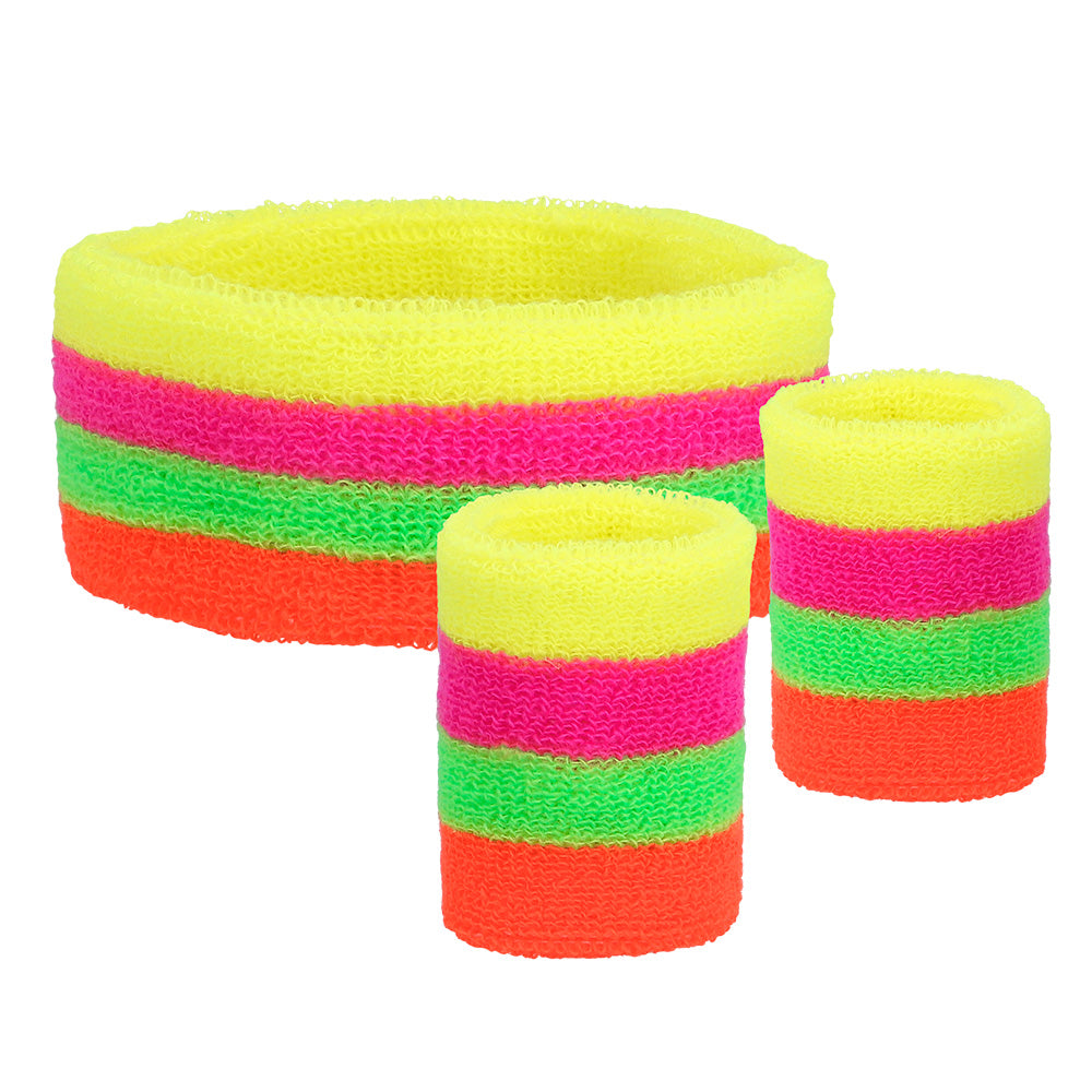 Schweißbänder Neon UV – 3er Set Stirnband & Armbänder für 80er Party & Sport 2