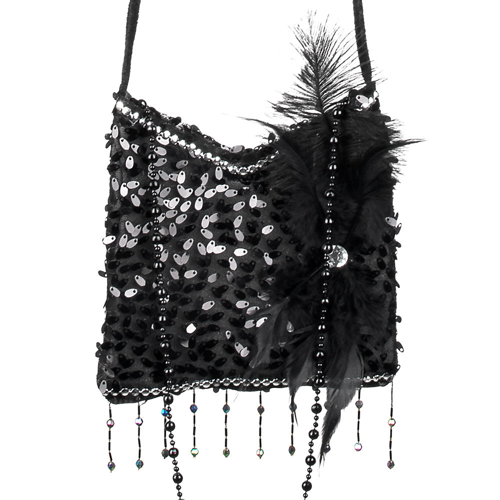 Black flapper handbag – 1920s Charleston bag with sequins &amp; feathers 3
