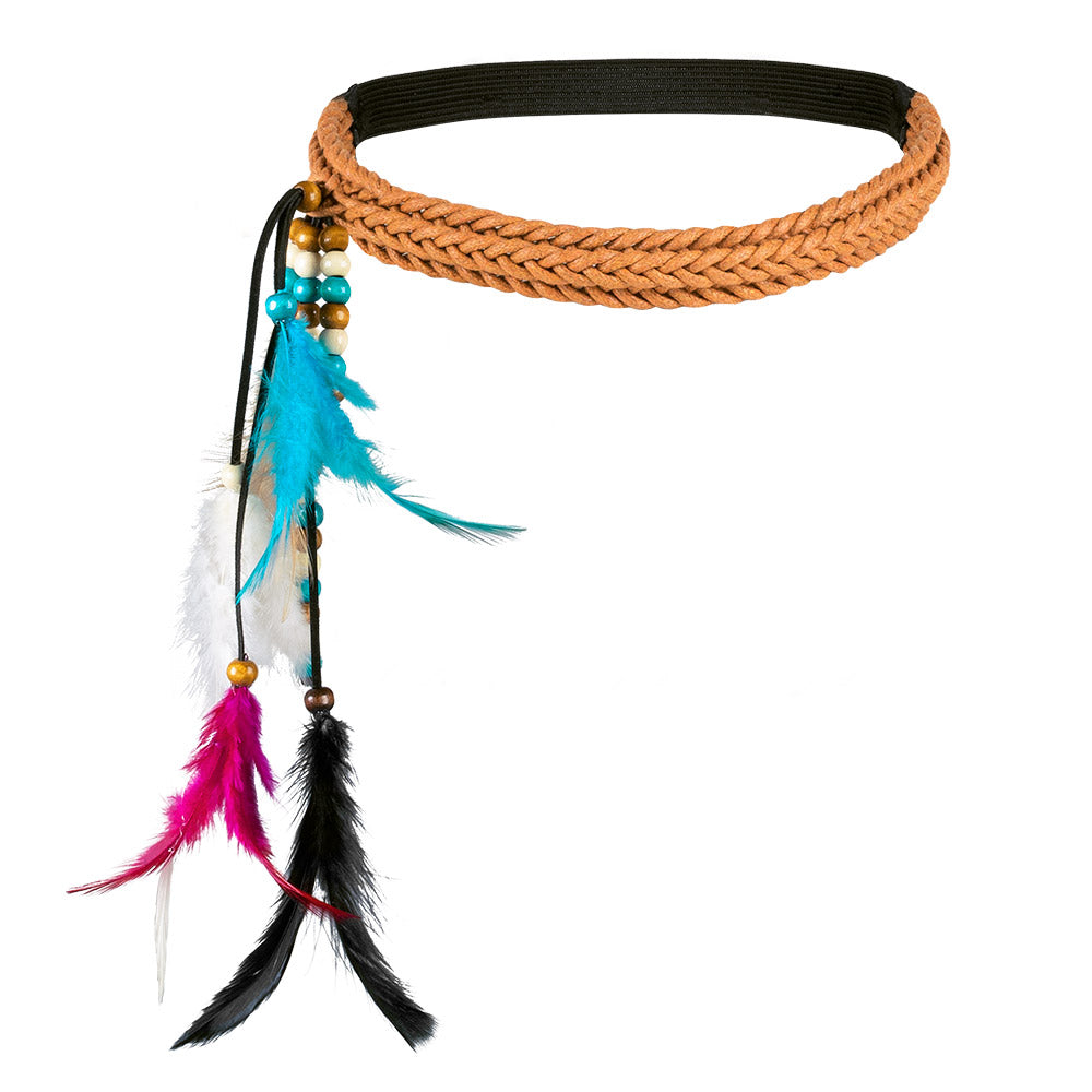 Stirnband Festival – Braunes Haarband mit Perlen und Federn für Hippie Look 2
