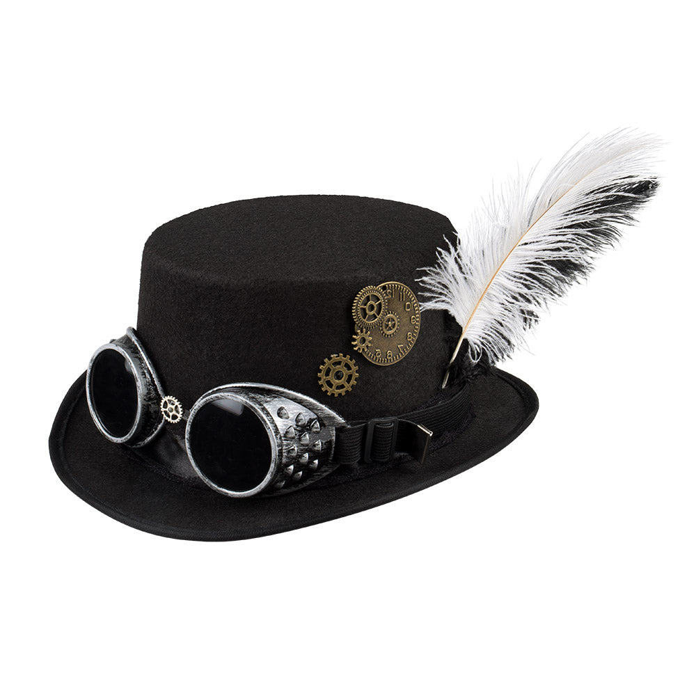 Steampunk hat, black specspunk with goggles &amp; feather – top hat for carnival 2
