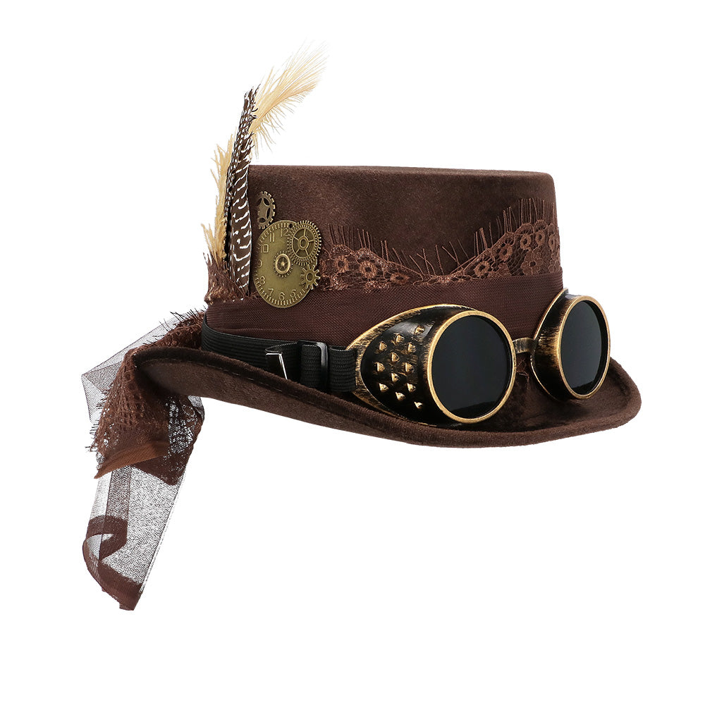 Steampunk Hat Specspunk Deluxe brown with glasses &amp; feather – Top Hat Costume 2