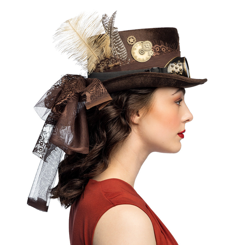 Steampunk Hat Specspunk Deluxe brown with glasses &amp; feather – Top Hat Costume 3
