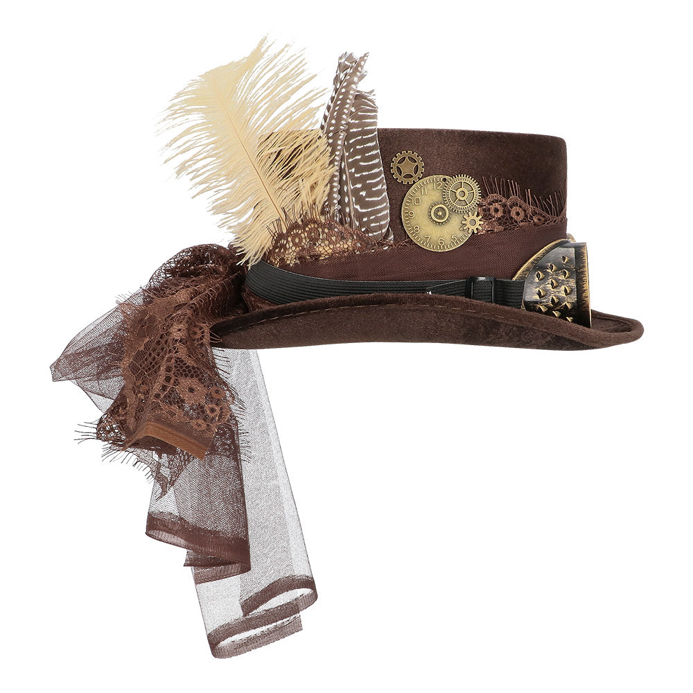 Steampunk Hat Specspunk Deluxe brown with glasses &amp; feather – Top Hat Costume 4