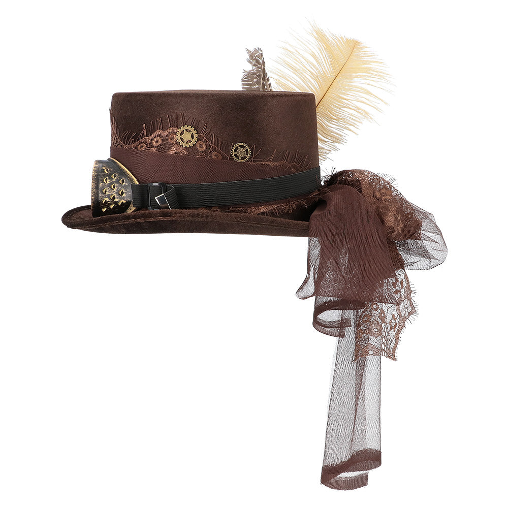 Steampunk Hat Specspunk Deluxe brown with glasses &amp; feather – Top Hat Costume 5