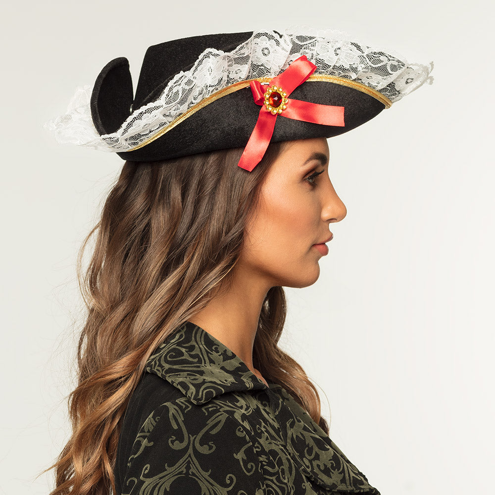Pirate hat Stacey, black with lace and red bow, for women's costume 2