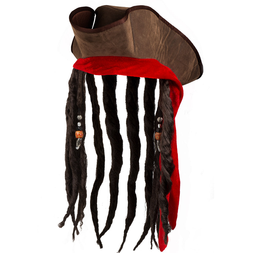 Dirty Jack pirate hat, brown with hair and red bandana for men 2
