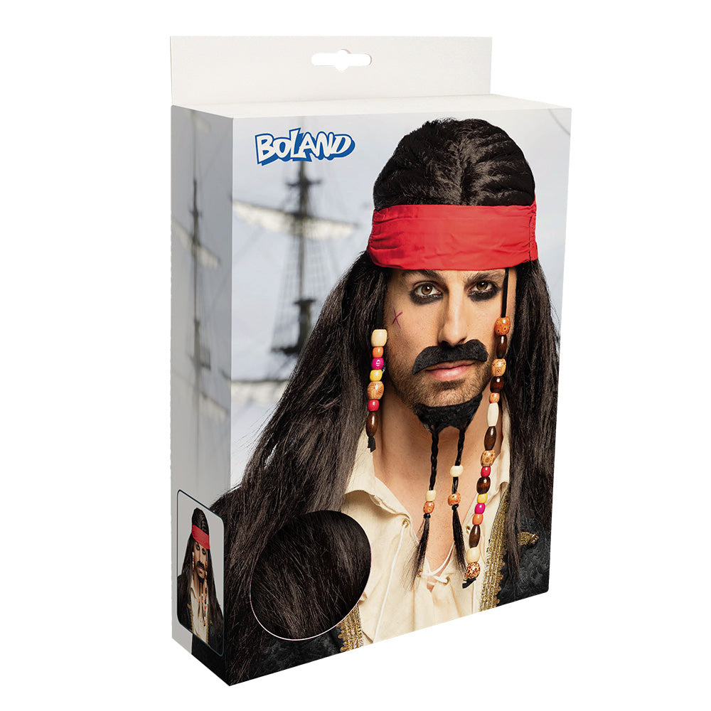 Tobias wig, pirate wig with bandana, mustache &amp; beard for men's parties 3
