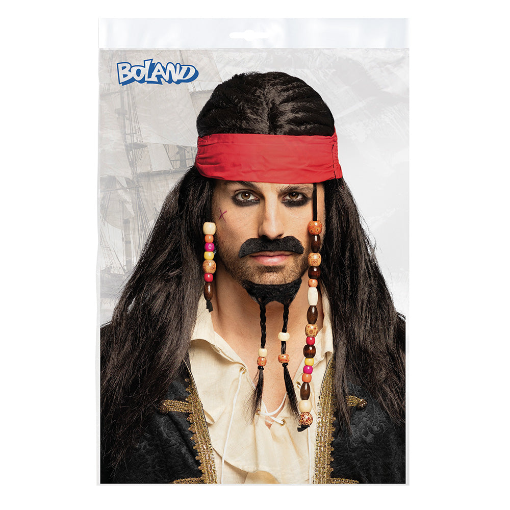Tobias wig, pirate wig with bandana, mustache &amp; beard for men's parties 4