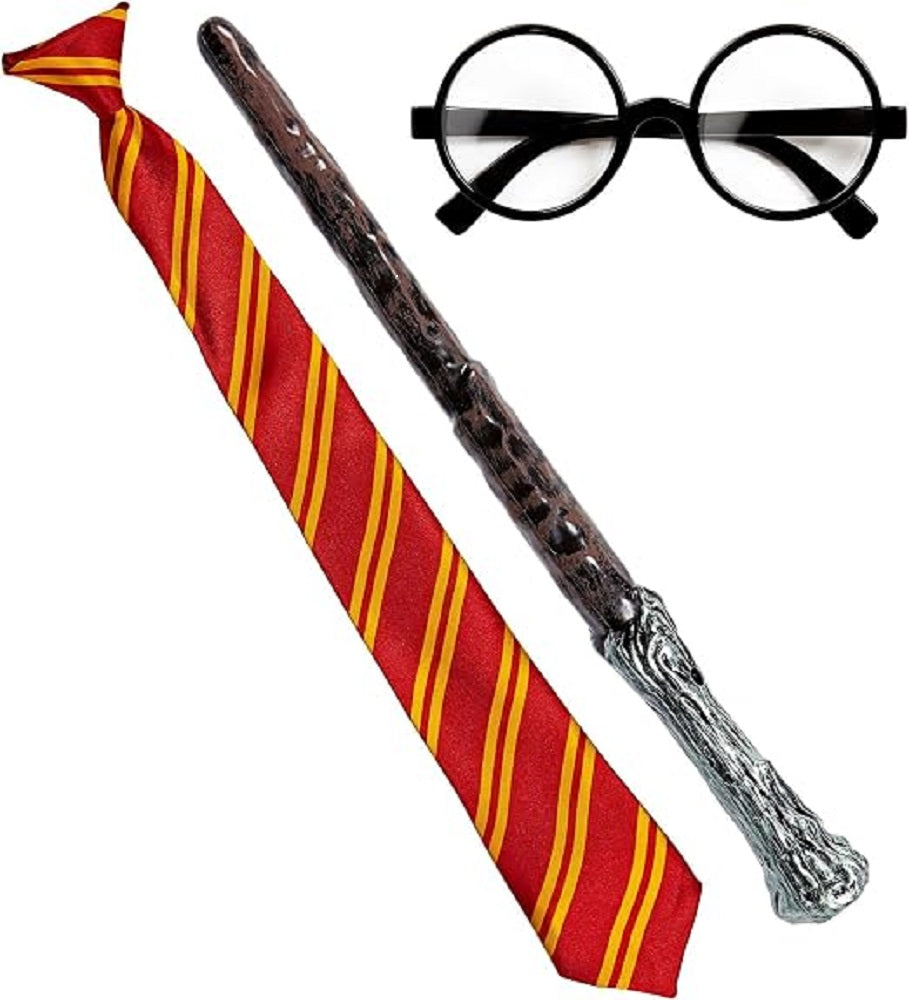 Zauberlehrling Set 3-teilig Zauberstab Krawatte und runde Brille mit schwarzem Gestell für Zaubererkostüm Karneval Accessoire 1