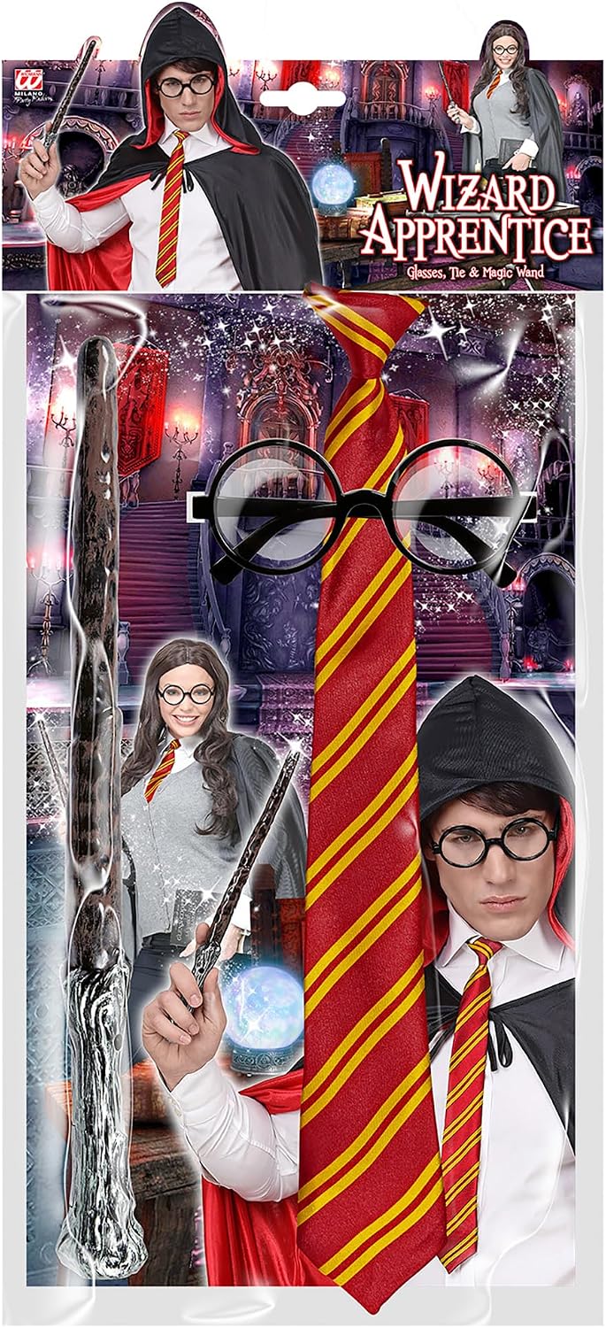Zauberlehrling Set 3-teilig Zauberstab Krawatte und runde Brille mit schwarzem Gestell für Zaubererkostüm Karneval Accessoire 2