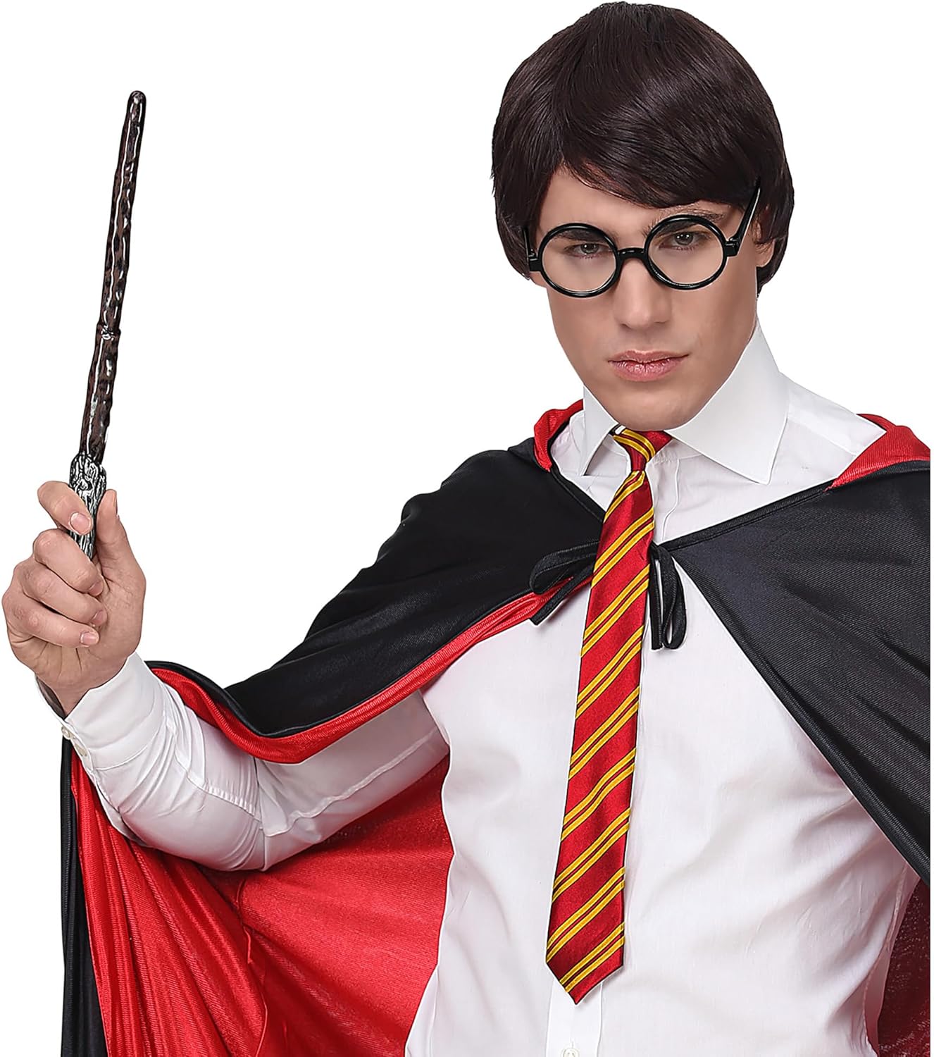 Zauberlehrling Set 3-teilig Zauberstab Krawatte und runde Brille mit schwarzem Gestell für Zaubererkostüm Karneval Accessoire 3