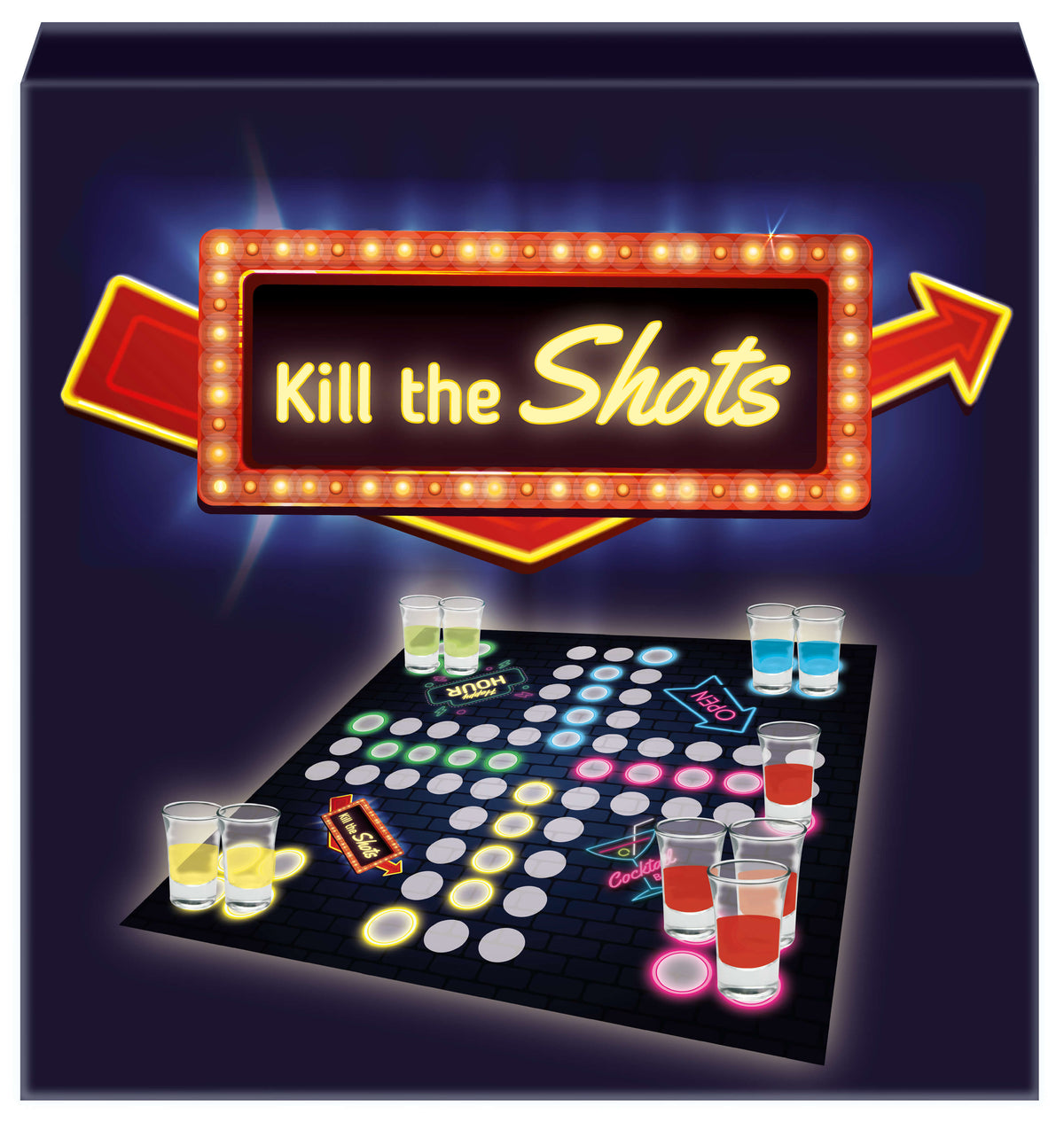Brettspiel Kill the shots Trinkspielfür 4 Personen mit  Würfel 16 Shot Gläsern 2