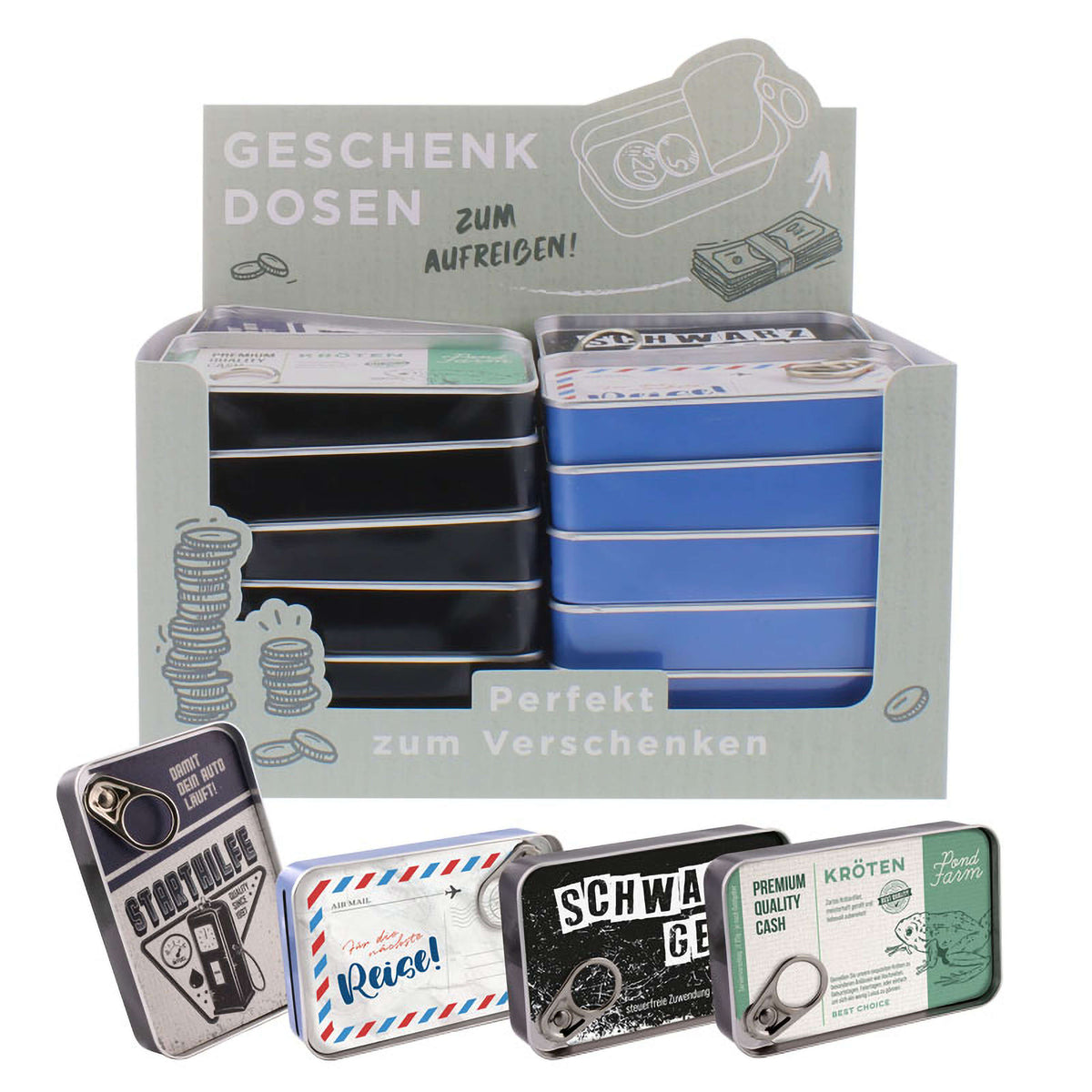 Geschenkdosen im Fischdosen-Design – Geldgeschenke, 24er Display (Preis je Stück) 2