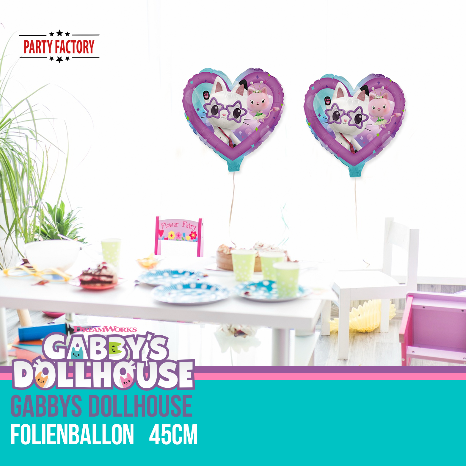 Gabby's Dollhouse Heart Foil Balloon 45 cm – Pandy Paws & Mercat Motif 3