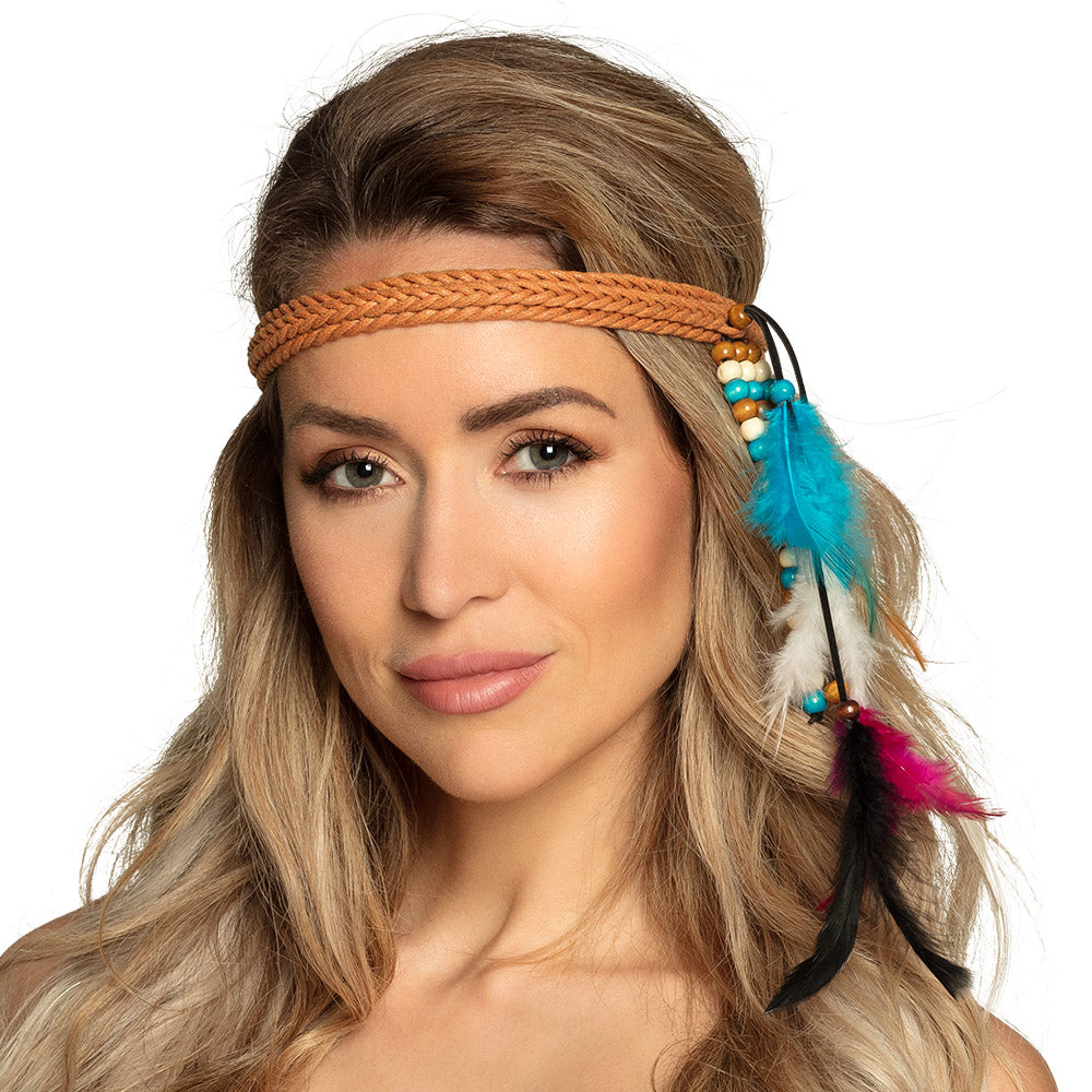 Festival Headband – Brown hairband with pearls and feathers for a hippie look